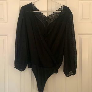 Express Lace Balloon Sleeve Wrap Front Thong Bodysuit - M
